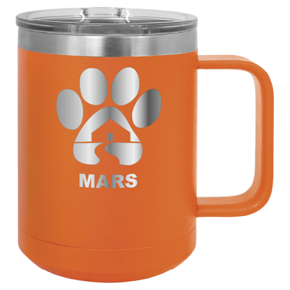 Orange 15 ounce laser engraved coffee mug with the Midwest Animal Rescue & Services (MARS) logo.