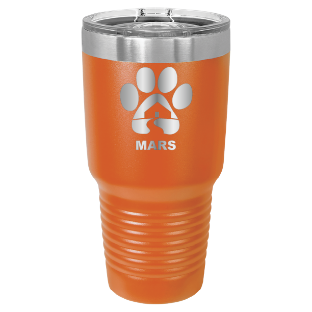 Orange 30 ounce laser engraved tumbler with the Midwest Animal Rescue & Services (MARS) logo.