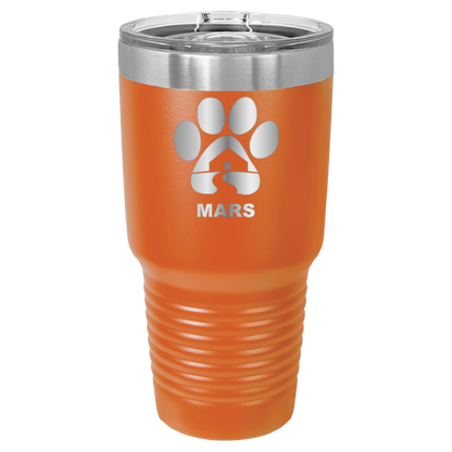 Orange 30 ounce laser engraved tumbler with the Midwest Animal Rescue & Services (MARS) logo.