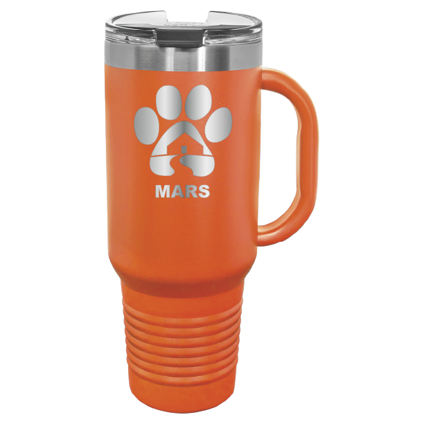 Orange 40 ounce laser engraved travel mug with handle, featuring the with the Midwest Animal Rescue & Services (MARS) logo