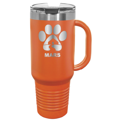 Orange 40 ounce laser engraved travel mug with handle, featuring the with the Midwest Animal Rescue & Services (MARS) logo