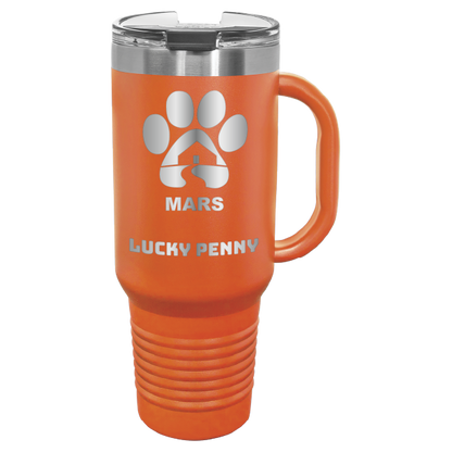 Orange 40 ounce laser engraved travel mug with handle, featuring the with the Midwest Animal Rescue & Services (MARS) logo and the name "Lucky Penny"