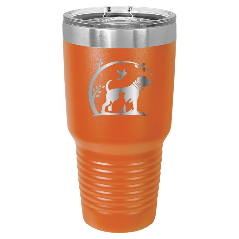 Orange 30 oz laser engraved tumbler featuring the No Critter Left Behind logo