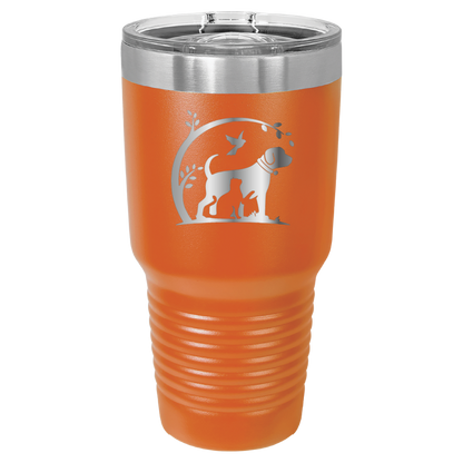 Orange 30 oz laser engraved tumbler featuring the No Critter Left Behind logo