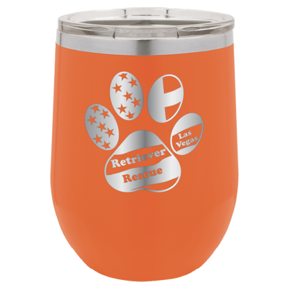 Orange laser engraved wine tumbler with the logo of retriever rescue of Las Vegas