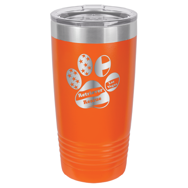 Orange laser engraved 20 tumbler featuring the Retriever Rescue of Las Vegas logo