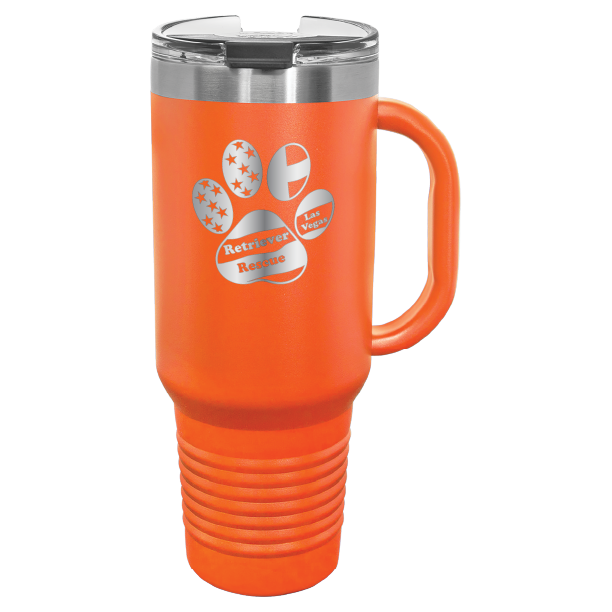 Orange laser engraved tumbler with handle, featuring the logo of Retriever Rescue of Las Vegas