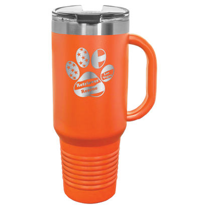 Orange laser engraved tumbler with handle, featuring the logo of Retriever Rescue of Las Vegas