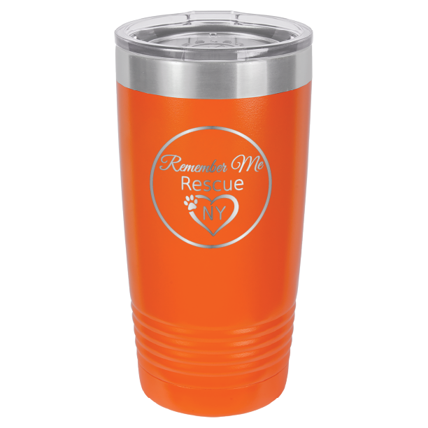 Orange  laser engraved 20 tumbler featuring the logo of Remember Me Rescue NY