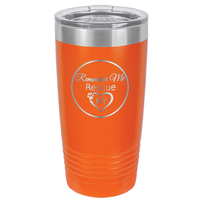 Orange  laser engraved 20 tumbler featuring the logo of Remember Me Rescue NY