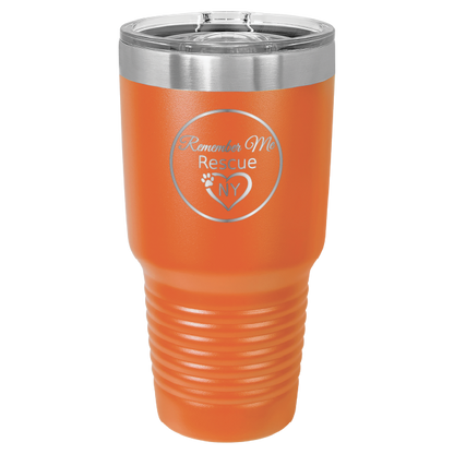 Orange 30 oz laser engraved tumbler featuring the Remember Me Rescue NY logo.