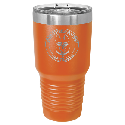 Orange 30 oz tumbler laser engraved  water bottle featuring the Rescue Rebels logo