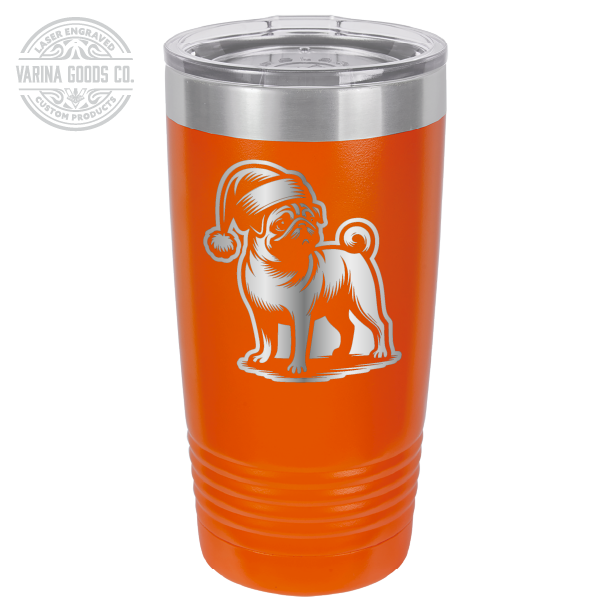 Pug wearing a Santa hat, 20 oz laser engraved tumbler, in orange