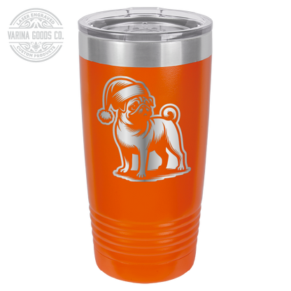 Pug wearing a Santa hat, 20 oz laser engraved tumbler, in orange