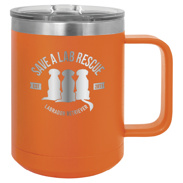 Orange 15 oz laser engraved coffee cup featuring the Save A Lab Rescue logo.