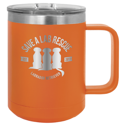 Orange 15 oz laser engraved coffee cup featuring the Save A Lab Rescue logo.