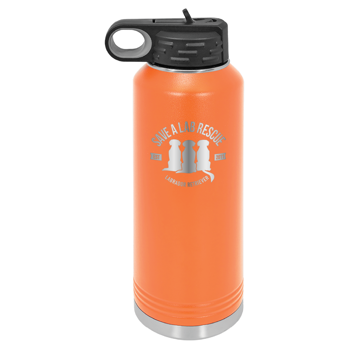 Orange 40 Oz Laser engraved water bottle featuring the Save A Lab logo.