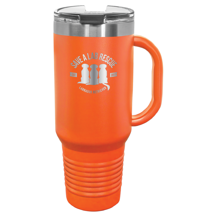 40 Oz Save A Lab Rescue Laser engraved printed tumbler.  Perfect gift for rescue moms and dads and pet parents. In orange.