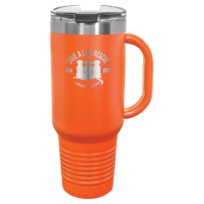 40 Oz Save A Lab Rescue Laser engraved printed tumbler.  Perfect gift for rescue moms and dads and pet parents. In orange.