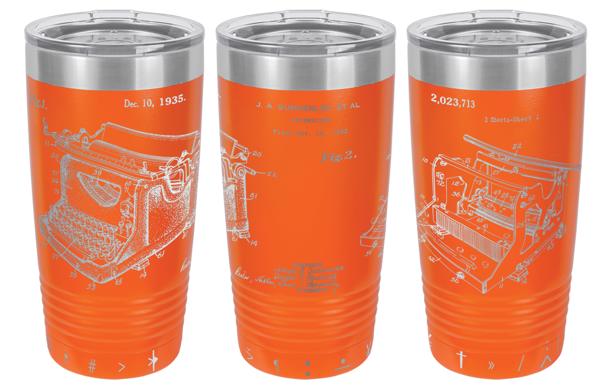 Vintage typewriter patent laser engraved on a orange stainless steel tumbler