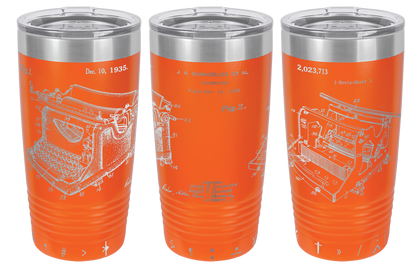 Vintage typewriter patent laser engraved on a orange stainless steel tumbler