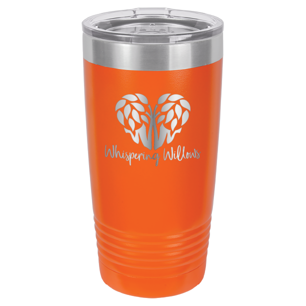 Orange laser engraved 20 oz tumbler featuring the Whispering Willows logo.