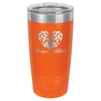 Orange laser engraved 20 oz tumbler featuring the Whispering Willows logo.