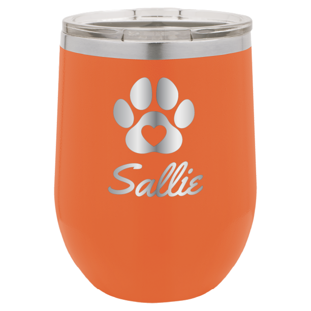 Laser engraved personalized wine tumbler featuring a paw print with heart, in orange