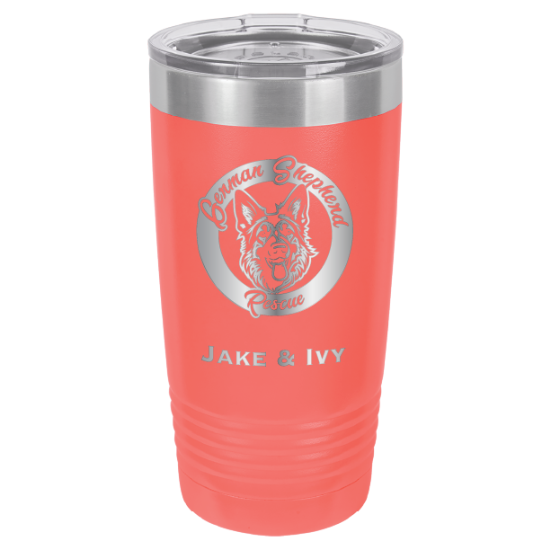 Laser Engraved coral 20 oz tumbler with German Shepherd Rescue and the names Jake and Ivy