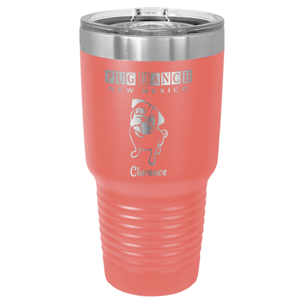 Laser engraved coral tumbler featuring Pug Ranch NM: 30 oz