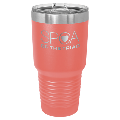 Coral 30 oz laser engraved tumbler featuring the SPCA of the Triad logo.