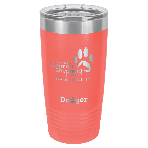 Coastal German Shepherd Rescue of Orange County: 20 oz laser engraved tumbler in coral