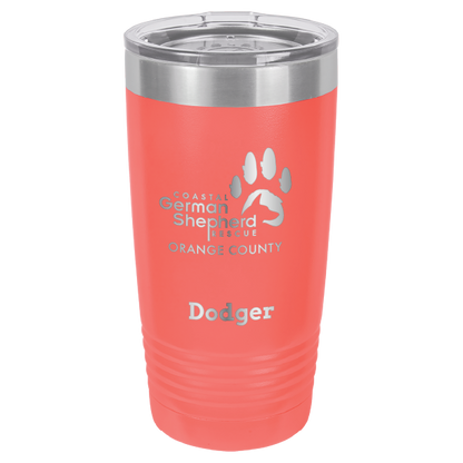 Coastal German Shepherd Rescue of Orange County: 20 oz laser engraved tumbler in coral