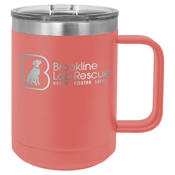 Coral laser engraved 15 of coffee cup featuring the Brookline Lab Rescue logo