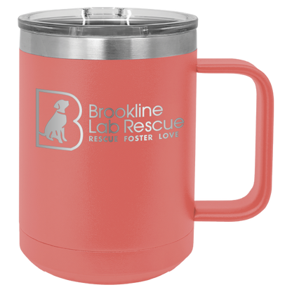 Coral laser engraved 15 of coffee cup featuring the Brookline Lab Rescue logo