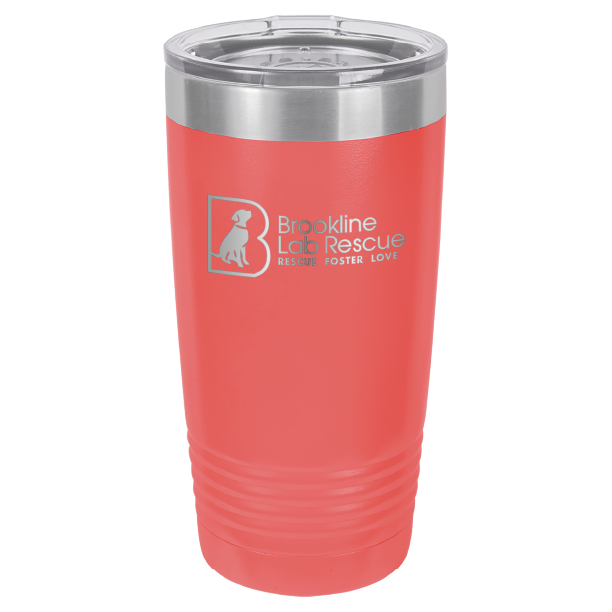 Coral laser engraved 20 ounce tumbler featuring the Brookline Lab Rescue  logo