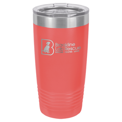 Coral laser engraved 20 ounce tumbler featuring the Brookline Lab Rescue  logo