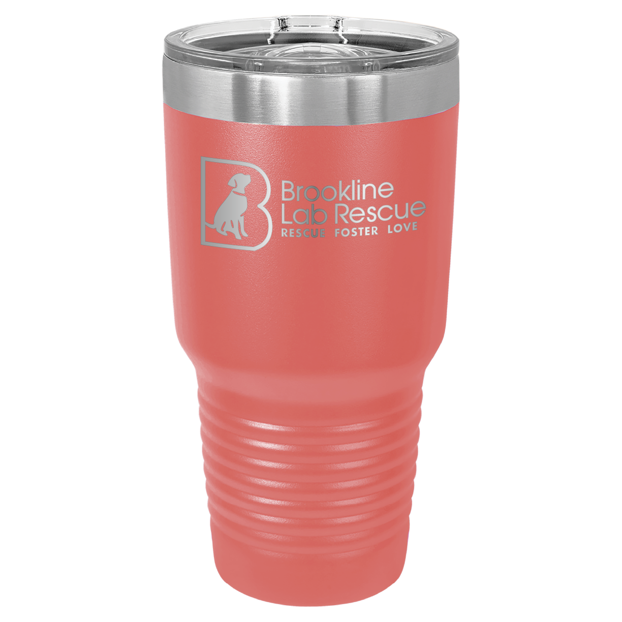 Coral laser engraved 30 oz tumbler featuring the Brookline Lab Rescue logo