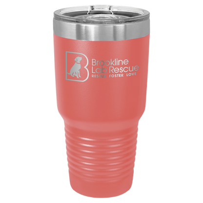 Coral laser engraved 30 oz tumbler featuring the Brookline Lab Rescue logo