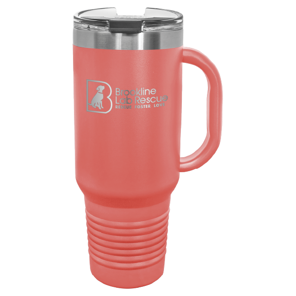 Coral laser engraved 40 oz tumbler with handle featuring the Brookline Lab Rescue logo