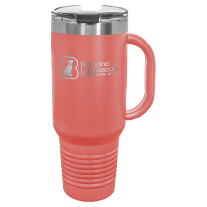 Coral laser engraved 40 oz tumbler with handle featuring the Brookline Lab Rescue logo