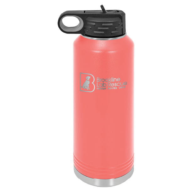 Coral laser engraved 40 oz water bottle featuring the Brookline Lab Rescue logo