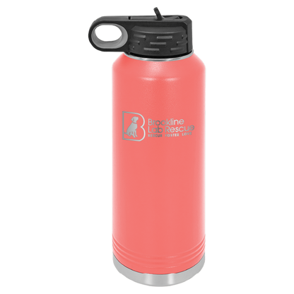 Coral laser engraved 40 oz water bottle featuring the Brookline Lab Rescue logo