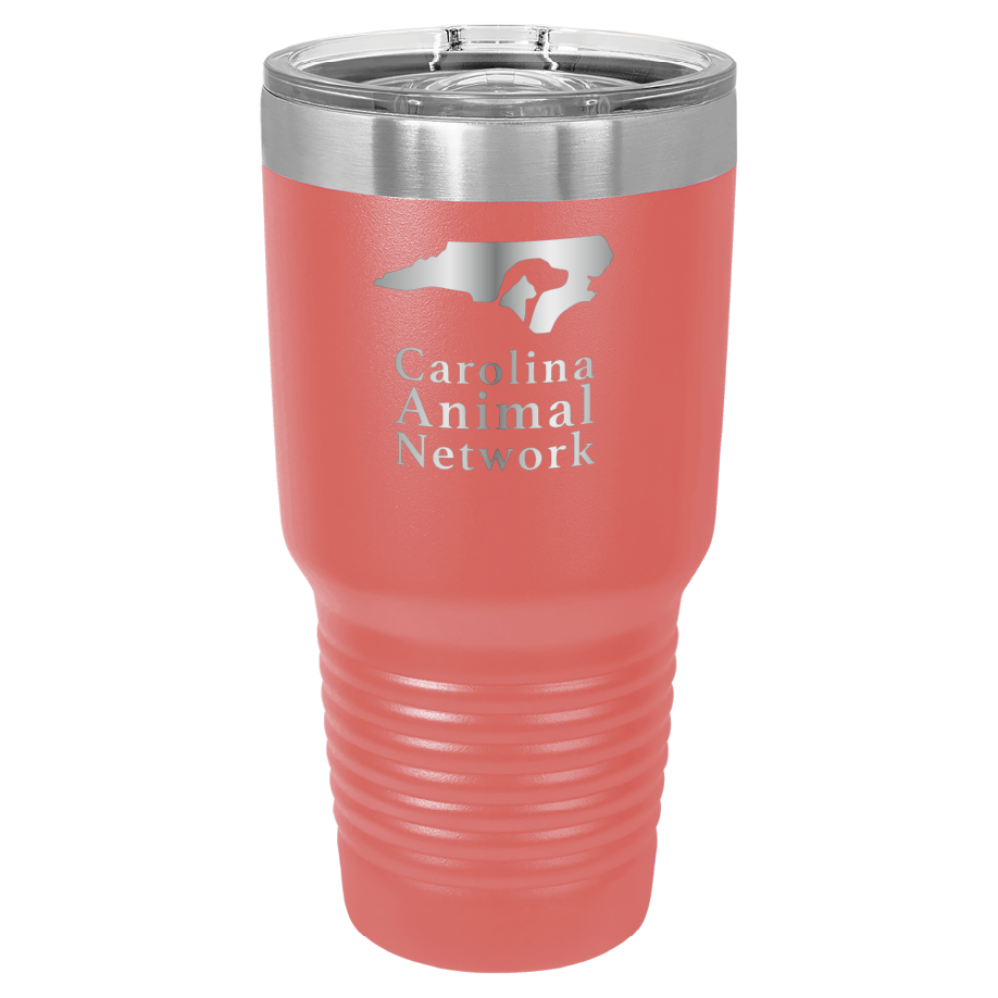 Coral 30 oz tumbler laser engraved  tumbler featuring the Carolina Animal Network logo