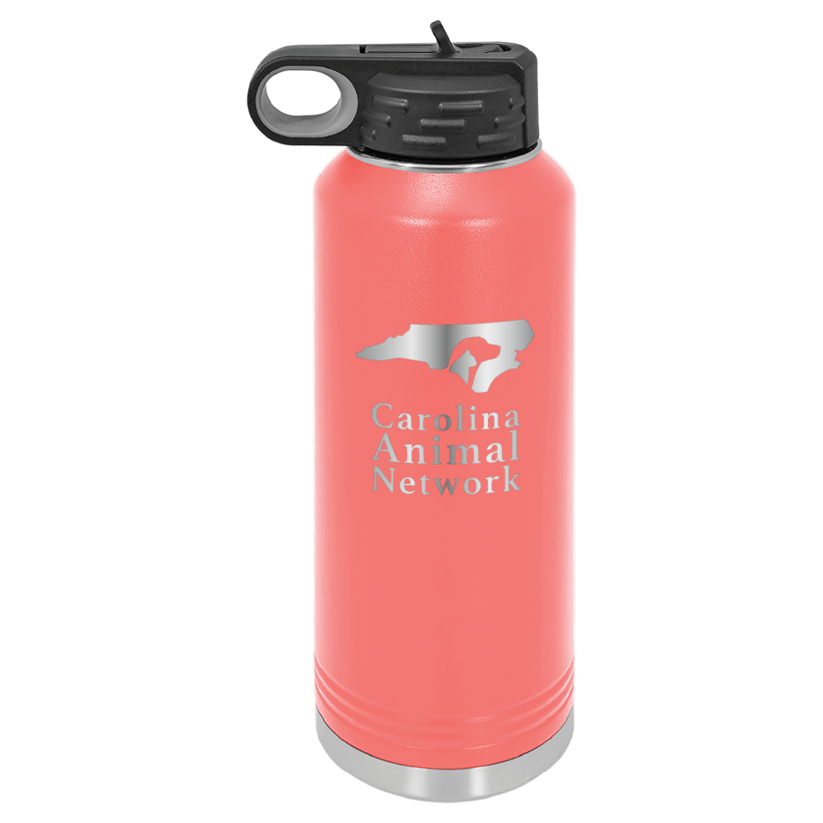 Coral 40 oz water bottle laser engraved  tumbler featuring the Carolina Animal Network logo