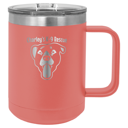 Coral 15 oz coffee cup laser engraved  tumbler featuring the Charley's K9 Rescue logo