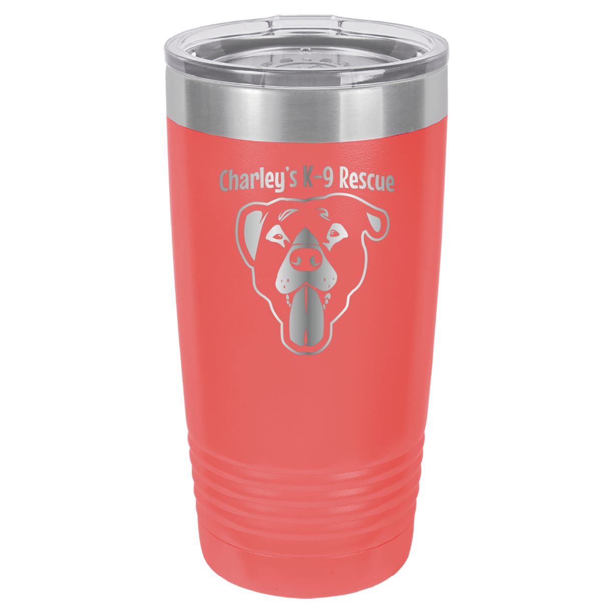 Coral  20 ounce tumbler laser engraved  featuring the Charley's K9 Rescue logo