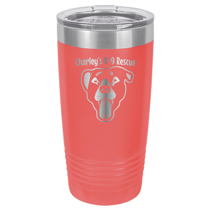 Coral  20 ounce tumbler laser engraved  featuring the Charley's K9 Rescue logo