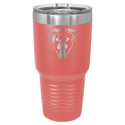 Coral 30 oz tumbler laser engraved  tumbler featuring the Charley's K9 Rescue logo