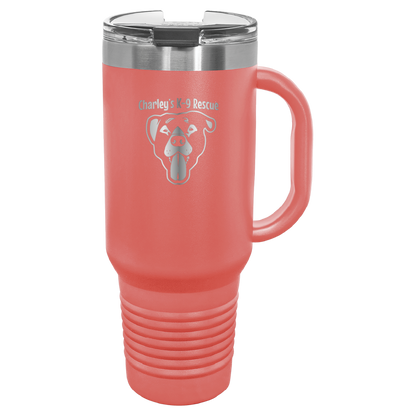 Coral 40 oz tumbler with handle laser engraved  tumbler featuring the Charley's K9 Rescue logo